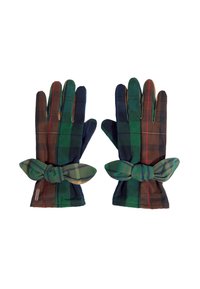 Para rękawiczek z tkaniny w kratę w zielone, niebieskie i brązowe kwadraty, każda związana dopasowaną kokardą w kratę na nadgarstku.