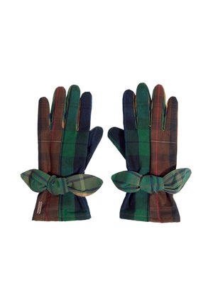 Par de guantes de tela a cuadros con cuadros verdes, azules y marrones, cada uno atado con un lazo a cuadros a juego en la muñeca.