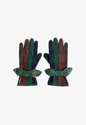 Par de guantes de tela a cuadros con cuadros verdes, azules y marrones, cada uno atado con un lazo a cuadros a juego en la muñeca.