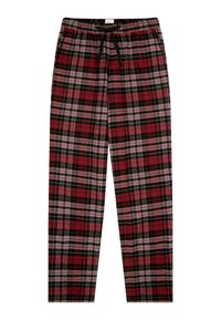 Pantaloni da pigiama a quadri rossi e neri con vita elastica e cordoncino. Presentano una texture morbida e una vestibilità ampia e dritta.