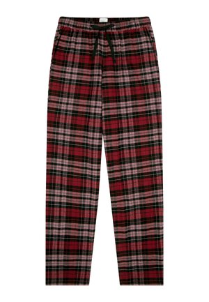 Rode en zwarte geruite pyjamabroek met een elastische tailleband en trekkoord. Heeft een zachte textuur en een losse, rechte pasvorm.