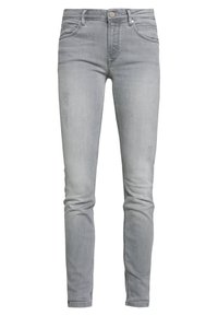 Jeans skinny de mezclilla gris con una cintura de altura media, diseño de cinco bolsillos, detalles sutiles de desgaste y una textura suave.