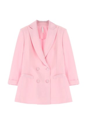 Blazer rosa doppiopetto con rever a vista, maniche lunghe e due tasche frontali, caratterizzato da una forma strutturata e una texture liscia.