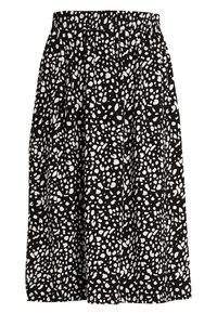 Jupe noire avec des taches abstraites blanches, dotée d'une taille élastique et d'un design plissé pour un ajustement ample. Fabriquée en tissu léger.