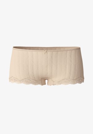 Beige boyshort undertøj med ribbet tekstur, blondedetalje forneden og en lille sløjfedetalje i midten foran.
