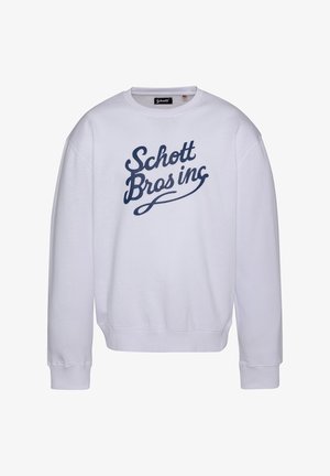 Sweat-shirt blanc à col rond, manches longues et poignets côtelés. Présente un logo "Schott Bros inc" en bleu marine écrit en cursive sur le devant.