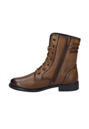 Braune Leder-Stiefelette mit Schnürung und seitlichem Reißverschluss, mit glatter Textur, runder Zehenform und niedrigem Blockabsatz.
