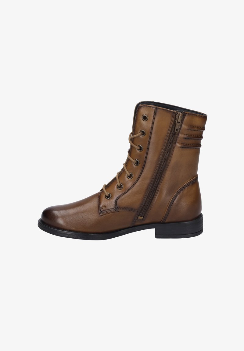 Braune Leder-Stiefelette mit Schnürung und seitlichem Reißverschluss, mit glatter Textur, runder Zehenform und niedrigem Blockabsatz.