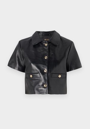 Juodas odinis trumpas švarkas su trumpomis rankovėmis, auksiniais mygtukais ir dviem priekinių kišenių. Lygi tekstūra ir klasikinio tipo apykaklė.