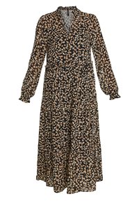 Pitkä musta mekko, jossa on beigellä ja valkoisella kukkakuviolla, V-pääntie, röyhelöhihoja ja kerroksellinen hame. Kevyt kangas.