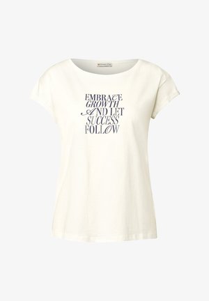 T-shirt en coton blanc avec un encolure large et des manches courtes, arborant un texte bleu marine : « EMBRASSER LA CROISSANCE ET LAISSER LE SUCCÈS SUIVRE. »