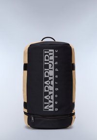 Black and beige backpack with a large logo, zipper compartment, rectangular shape, textured fabric, and sturdy handle at the top.