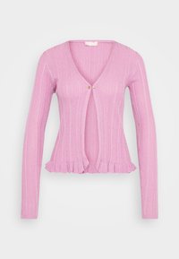 Roze geribbelde cardigan met lange mouwen, V-hals en gerimpelde zoom. Voorzien van twee decoratieve knopen aan de voorkant. Zachte textuur.