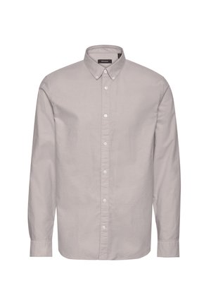 Svijetlosiva košulja dugih rukava s gumbima, izrađena od glatkog materijala s ovratnikom i gumbima, koja ima klasičan kroj i minimalistički dizajn.