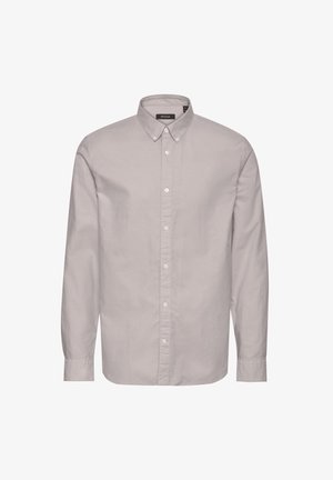Svijetlosiva košulja dugih rukava s gumbima, izrađena od glatkog materijala s ovratnikom i gumbima, koja ima klasičan kroj i minimalistički dizajn.