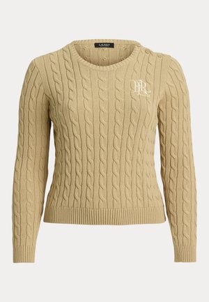 Beige cable knit sweater with long sleeves, ribbed hem, and shoulder button detail. Features a subtle embroidered logo on the chest.