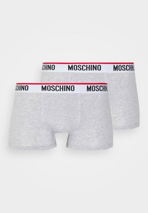 Boxers de algodão cinza com uma cintura em preto e vermelho com o logótipo Moschino. Textura suave com um design ajustado, exibindo dois pares empilhados.