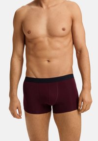 Vínové boxerky s tmavým páskem v pase zdobeným reliéfním logem. Vyrobené z hladké látky s přiléhavým střihem a horizontálním klínem.