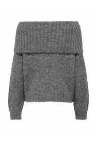 Pull à épaules dénudées en tissu gris doux et texturé. Il a un col côtelé et des manches longues légèrement bouffantes. Conception crop.