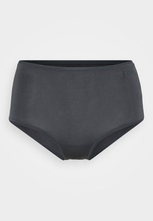 Slip da donna a vita alta realizzato in un morbido tessuto grigio scuro. Presenta una cintura comoda e dettagli di cucitura minimi.