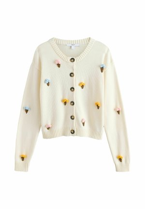 Cardigan tricoté crème avec de gros boutons et de petits cornets de glace brodés colorés dispersés sur le devant et les manches.