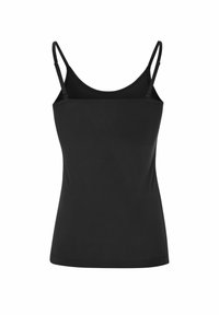Čierny top s ramienkami na nastaviteľné tenké pásiky, vyrobený z hladkého, elastického materiálu. Jednoduchý dizajn s rovnou výstrihom a bez vonkajších vzorov.