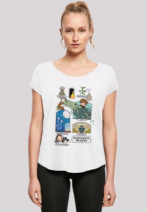 White short-sleeve t-shirt with graphic design featuring colorful illustrations of magical creatures from "Fantastic Beasts." Loose fit, soft texture.