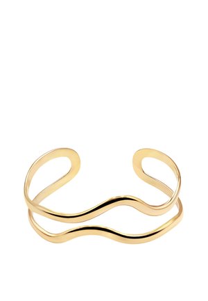 Złota bransoletka mankietowa z dwoma falistymi równoległymi paskami tworzącymi otwarty wzór.