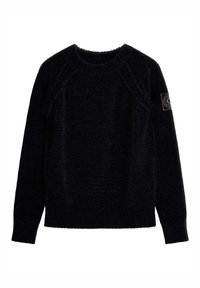 Dunkelgrauer Strickpullover mit einem gerippten Rundhalsausschnitt, Raglanärmeln und einer strukturierten Oberfläche. Verfügt über ein Patch-Logo am linken Ärmel.