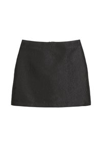 Zwarte mini-rok met een gestructureerd bloemenpatroon, rechte snit en verborgen rits aan de achterkant. Glad, lichtgewicht stof.