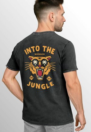 Black cotton T-shirt featuring a tiger graphic with sunglasses, and the text "Into the Jungle" in orange, with a distressed finish.