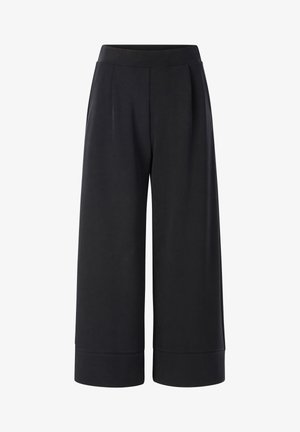 Pantaloni neri a gamba larga realizzati in un tessuto liscio. Presentano una vita alta, pieghe frontali e un orlo risvoltato per un tocco di design in più.