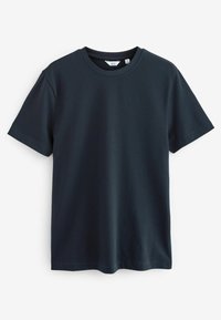 Dunkelblaues Baumwoll-T-Shirt mit kurzen Ärmeln, Rundhalsausschnitt und einer glatten Textur. Einfaches Design ohne sichtbare Muster oder Akzente.