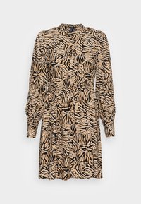 Kort klänning med hög krage, långa ärmar och ett abstrakt mönster i beige och svart. Tillverkad av strukturväv med lena veck.