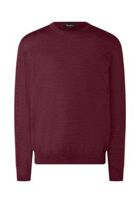 Bordeauxfarbener Pullover mit langen Ärmeln, rundem Halsausschnitt, strukturiertem Strickstoff und gerippten Bündchen und Säumen. Markenetikett am Halsausschnitt sichtbar.