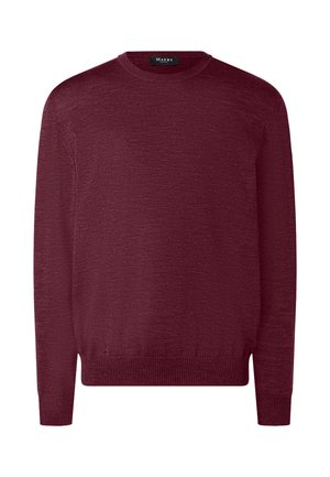 Bordový svetr s dlouhým rukávem a kulatým výstřihem, texturovaný pletený materiál, s žebrovanými manžetami a spodním lemem. Značková nálepka viditelná na výstřihu.