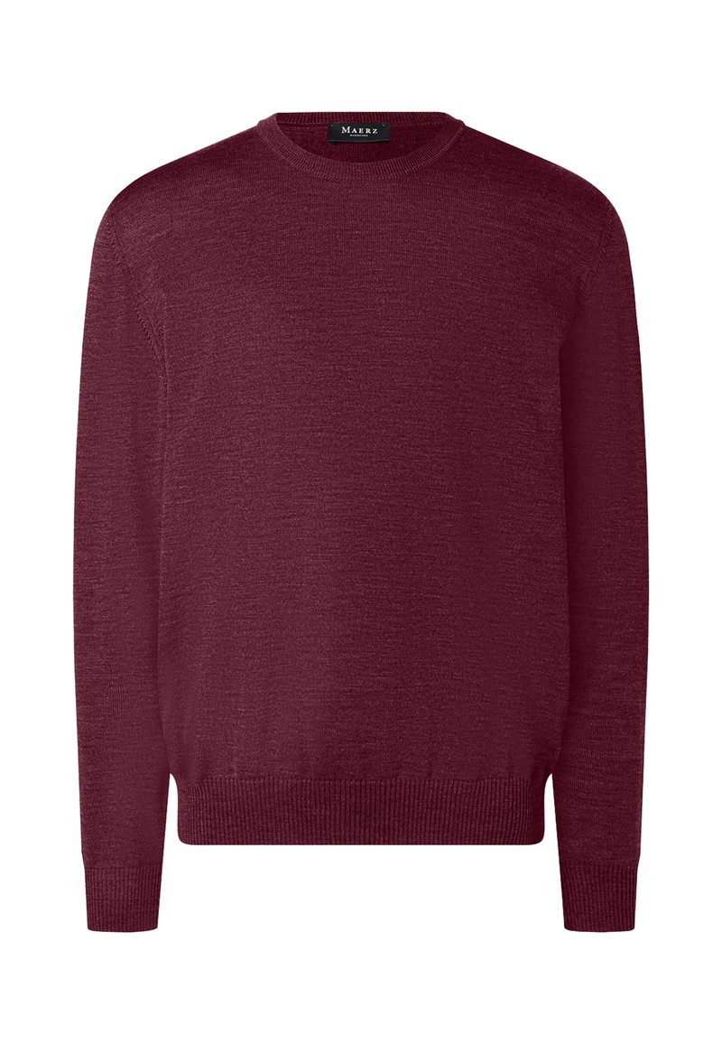 Burgundy långärmad tröja med rund halsringning, texturerad stickad tyg och ribbade ärmslut och fåll. Märke synligt vid halsringningen.