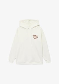Sudadera con capucha en felpa color blanco roto, con un logo frontal en marrón. Corte holgado con puños y dobladillo de canalé. Cuerda ajustable en el cuello.