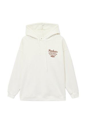 Hoodie in off-white fleece, met een voorlogo in bruin. Losse pasvorm met ribbelboorden aan de mouwen en onderkant. Trekkoord bij de hals.