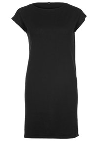 Svart kortärmad klänning i en mjuk tyg, med avslappnad passform och knälång design. Enkel, minimalistisk stil utan utsmyckningar.