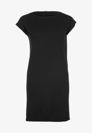 Czarna sukienka z krótkim rękawem, wykonana z gładkiego materiału, z luźnym fasonem i długością do kolan. Prosty, minimalistyczny styl bez ozdób.