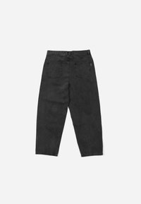 Pantaloni in denim nero con vestibilità ampia, dotati di vita media, due tasche posteriori e un design a gamba dritta.