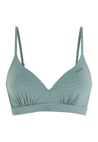 Top bikini a righe color turchese con forma a triangolo, spalline regolabili e dettaglio arricciato alla base. Presenta un logo discreto di lato.