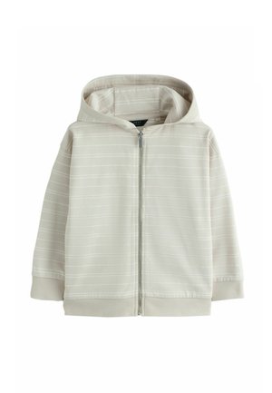 Light beige toddler hoodie with subtle white horizontal stripes, front zipper, ribbed cuffs, and a hood.