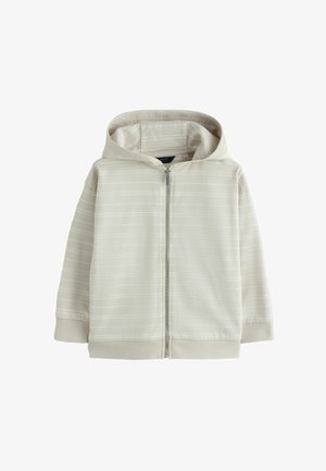 Lysebeige baby-hoodie med subtile hvide horisontale striber, lynlås foran, ribbede manchetter og hætte.