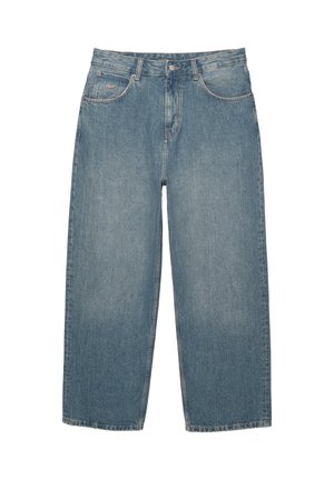 Blauwe high-waisted straight-leg jeans met voorzakken, riemlussen, knoopsluiting en subtiele vervaging op een witte achtergrond.