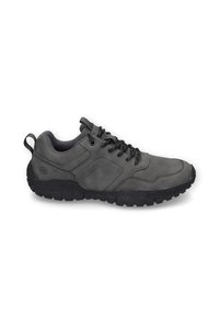 Graue Leder-Sneaker mit schwarzer Gummisohle, kontrastierenden Nähten, Schnürdesign und einer Hinterziehhilfe für einfaches Anziehen.