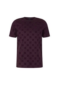 Lila kurzärmliges T-Shirt mit geometrischem Muster und kreisförmigen Motiven. Hergestellt aus weichem Stoff, hat es ein klassisches Rundhalsdesign.