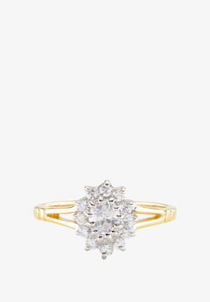 Anello in oro con un insieme floreale di più pietre preziose trasparenti, dotato di una pietra centrale prominente e un design con shank diviso.
