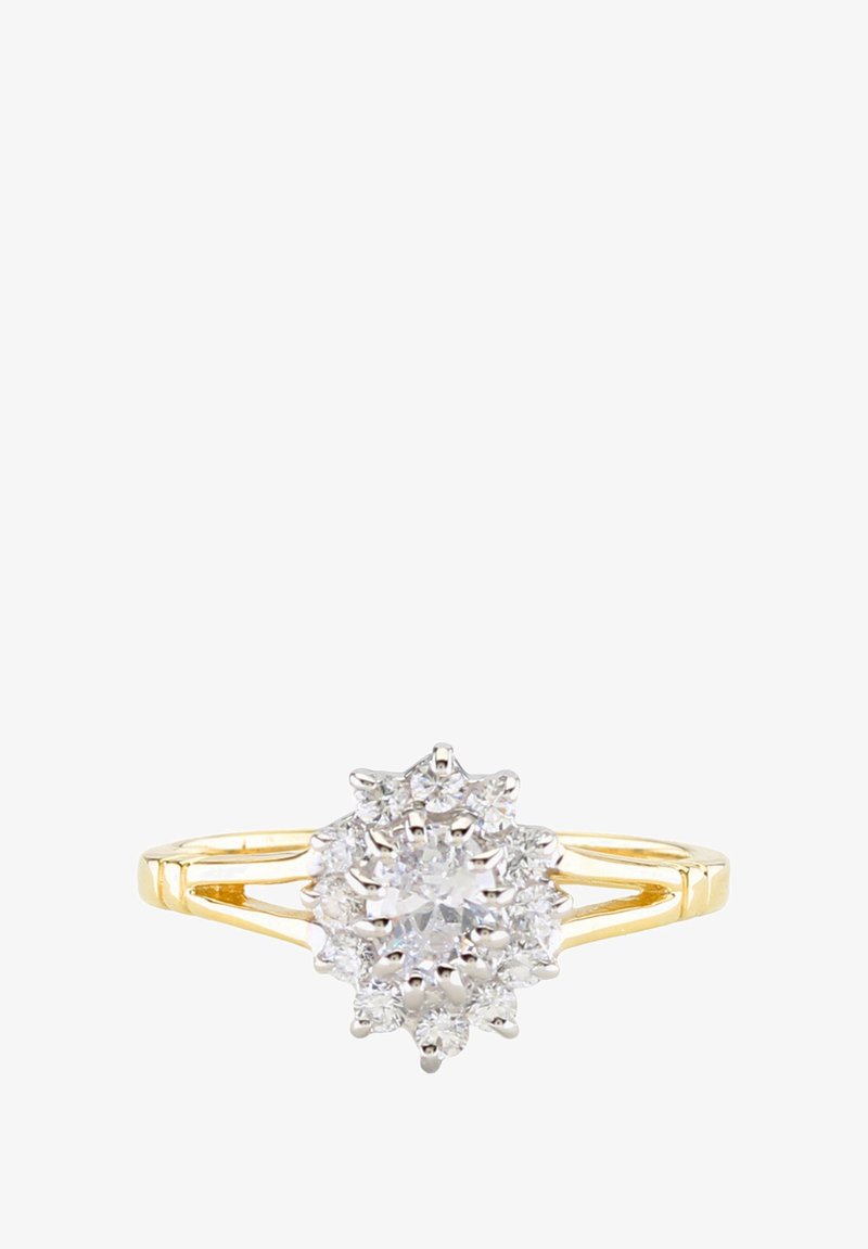 Zlati prstan z grozdom več jasnih draguljev v obliki cvetlice, z izrazitim osrednjim kamnom in razdeljenim ročajem.